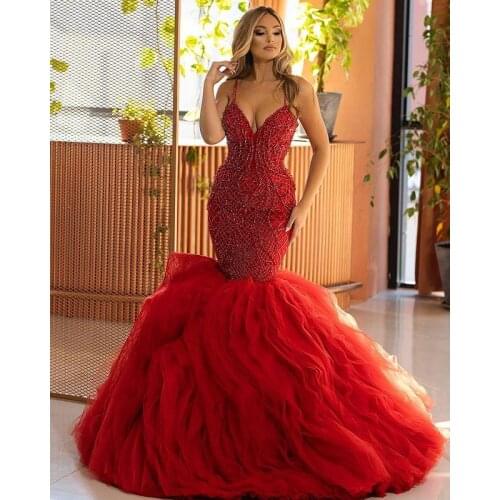 2021 Arabic Red Mermaid Prom Dresses Luxury Beading Sequined Ruffles Tiered Skirts Women Plus Size Formal Evening Gowns