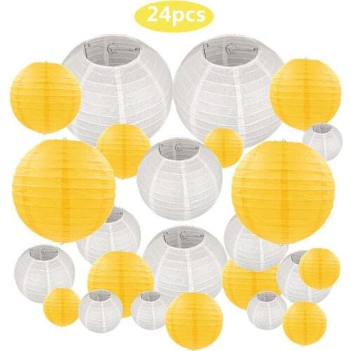 24 Pcs/set 6"-12" White Yellow Chinese Paper lamp Lanterns Assorted Sizes Wedding Hanging Decor