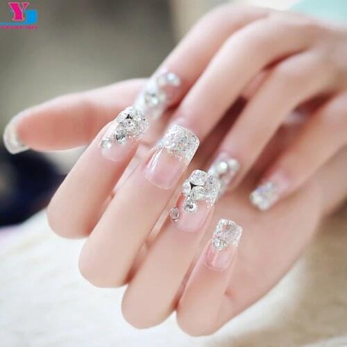 3 Set French Full Fake Nails With Rhinestones Shining Glitter Clear Fake Nail Tips Lace Design Square Artificial Unhas Manicure