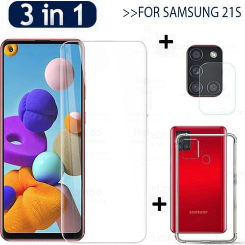 3-in-1 Transparent TPU Silicone Case For Samsung Galaxy A21s Tempered Glass Galax A21s s A21 s lens film Protection Film cover