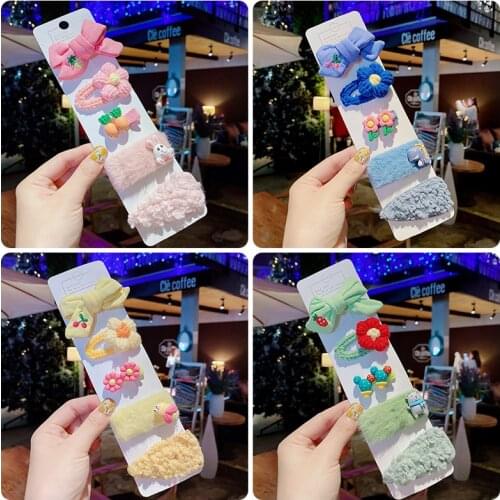 5 Pcs/Set Children Cute Colors Cartoon Faux Fur Bow Ornament Hair Clips Girls Lovely Barrettes Hairpins Kids Hair Accessories