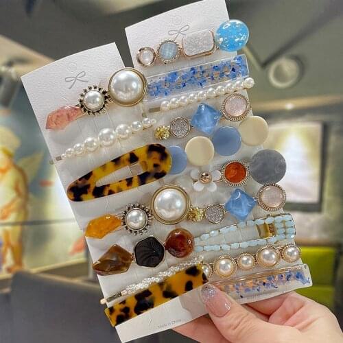 2021 Hair Accessories Korean Women Crystal Hair Clips Set Sweet Pearl Hair Barrettes Girls Hairpins Geometric Headwear Jewelry