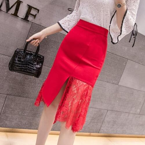 Elegant Korean Style Women Office Formal Mermaid Skirt Spring Lace Patchwork High Waist Skirt Plus Size 5Xl Red OL Skirts