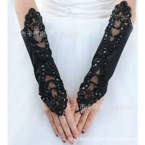 Elegant Lace Bridal Bride Long Pink Gloves Strethy Adult Size Evening Party Costume Prom Crystal Sequins Hook Finger Gloves 2021