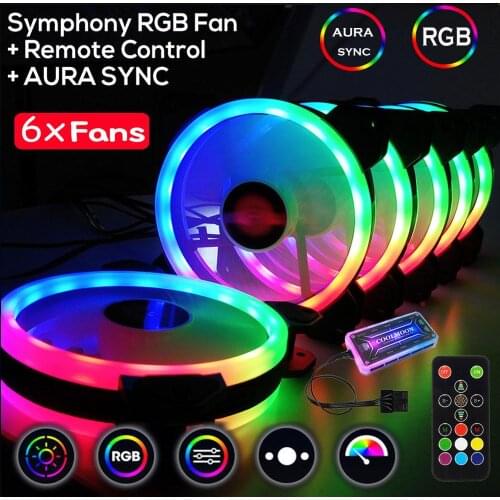 RGB Fan Cooler 120mm 6pin Dual Aura 1/3/6 pcs PC Fans Remote Controller Computer CPU Cooling Fan Adjustable RGB and Fan Speed