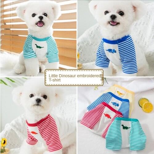 Summer dinosaur embroidered dog clothes spring and autumn thin stripes Teddy bears fighting cats pets small puppies dog dresses