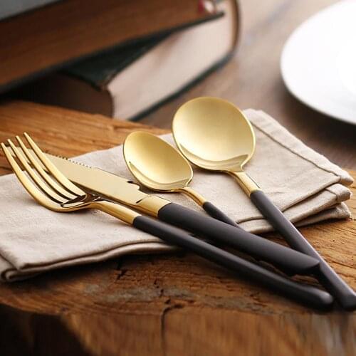 Hot Sale Black Dinnerware Golden Cutlery Set Stainless Steel Hand Polish Dinner Spoon Fork Knife Set Tableware Gold Flatware