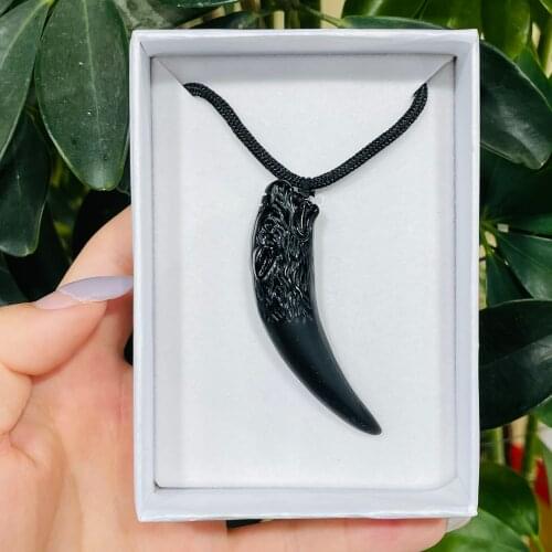 Natural Obsidian Stone Carved Wolf Tooth Necklace Luck Jewelry For Men