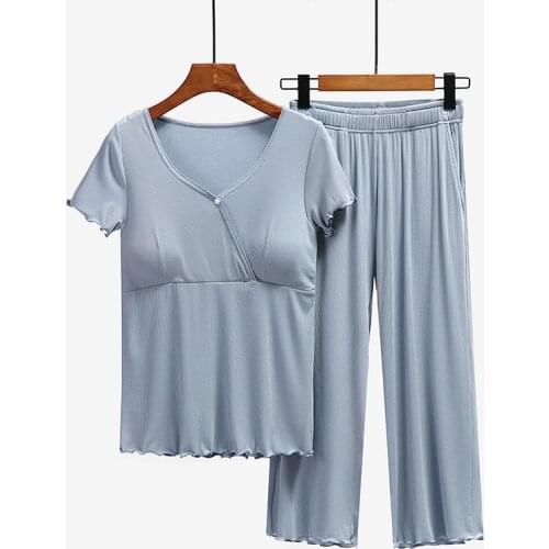 Modal confinement clothes summer thin section pregnant women breastfeeding pajamas postpartum nursing clothes short-sleeved crop