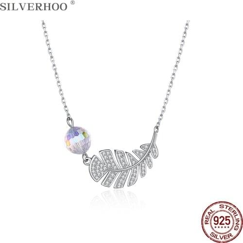 SILVERHOO 925 Sterling Silver Pendant Necklace For Women Leaf Shape Design Austria Crystal Necklace Party Fine Jewelry 2020 New