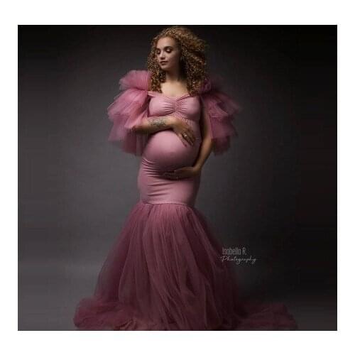 Custom Made Mermaid Pregnancy Dresses Short Sleeves Pleated Stretchy Bodysuit Floor Length Puffy With Train For Photo Shoot