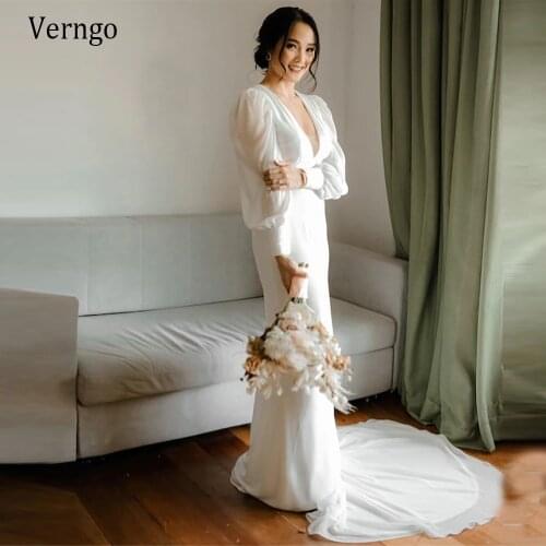 Verngo Simple Off White Silk Chiffon Beach Wedding Dress Flowy Puff Long Sleeves V Neck Court Train 2021 Bridal Gowns Custom