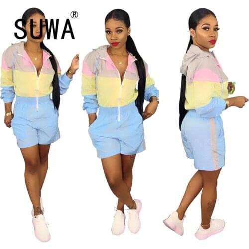 Hooded Zipper Colour Patchwork Sunscreen Playsuit Sexy Long Sleeve Shorts Bodycon Outfits Women Sport Wear Body Female Jumpsuit