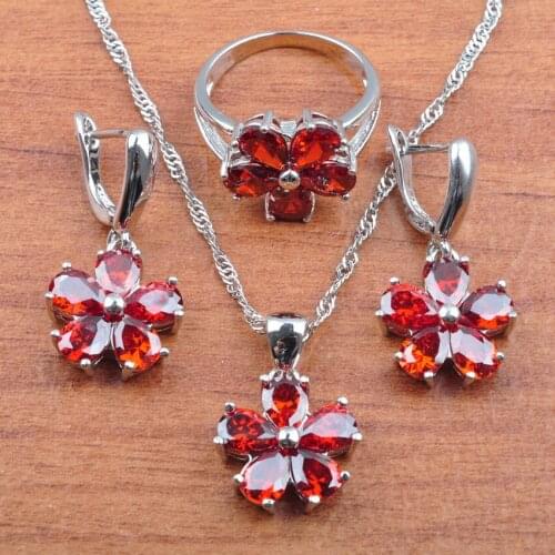 Bridal Silver Color Jewelry Sets Red Zirconia Women Wedding Jewelry Earrings Necklace Pendant Rings Sets JS0251