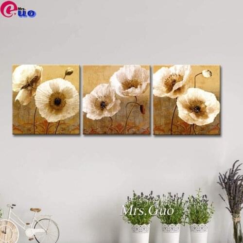 Triptych diamond embroidery Poppy flower canvas wall art 3 pieces flower Diamonds painting beige flowers living room decoration