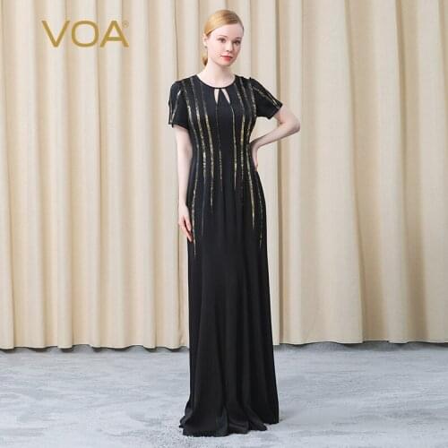 VOA Silk O-Neck Hollow Design Collision Splicing Silky Fishtail Formal Elegant Dress 2021 AE767 Maxi Dresses for Women Party