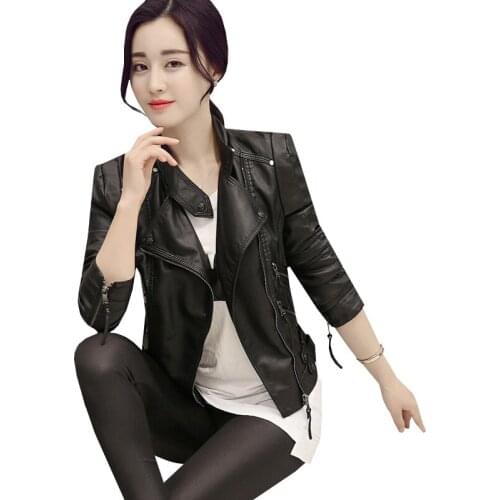 Women PU Leather Jacket New Fashion Autumn Winter Zipper Coat Turn down Collar Slim Short Coats Motorcycle Outerwear Tops AB145