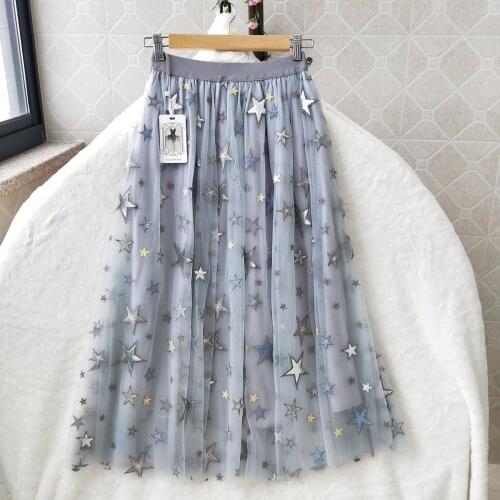 Quality High New Summer Heavy Industries Embroidery Star Sky Mesh Half length Skirt Fairy Tide High Waist Skirt