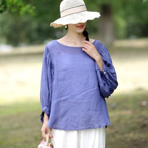Johnature 2021 New Solid Color Loose Linen Women Shirts Autumn Vintage O-neck Nine Quarter Lantern Sleeve Thin Female Blouses