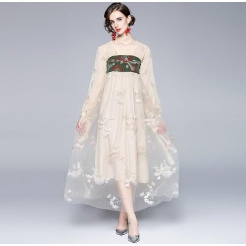 Korean Autumn Vintage Women Long Dress 2021 Long Puff Sleeve V-Neck High Waist Emboridery Mesh Casual Maxi Dress k8248