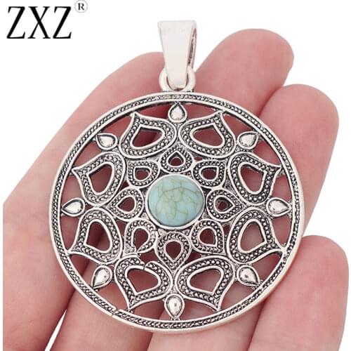 ZXZ 2pcs Tibetan Silver Filigree Flower with Green Resin Stone Charms Pendants For Necklace Jewelry Making Findings 65x48mm