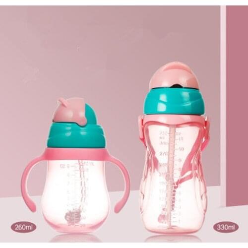 260ml/330ml Baby Cup Cute Children Learn Drinking Water Straw Handle Bottle Training Drink School Food Milk Bottles