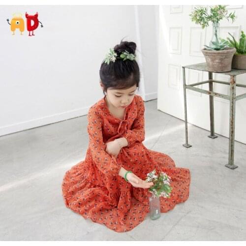 AD Girls Quality Chiffon Dresses Child Spring Summer Floral Orange Bohemian Kids Daughter Mother Clothes