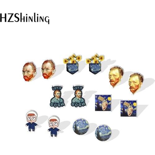 Starry Night Van Gogh Sun Flower Cartoon Acrylic Stud Earrings Resin Epoxy Fashion Jewelry