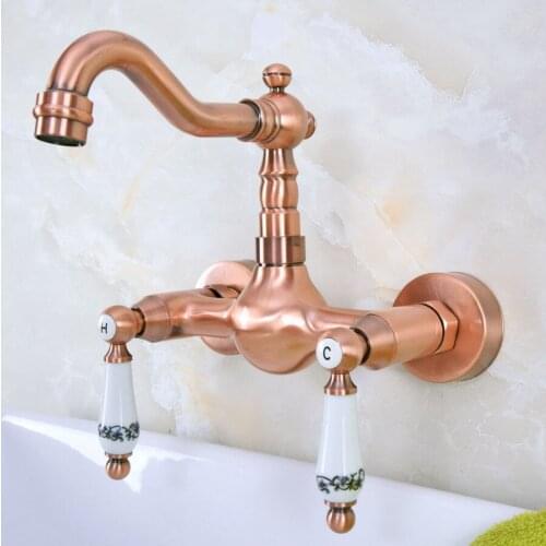 Antique Red Copper Brass Bathroom Kitchen Sink Faucet Mixer Tap Swivel Spout Wall Mounted Dual Ceramic Levers Handles mnf950