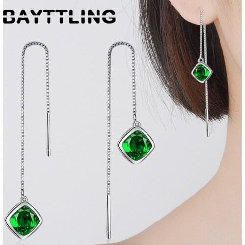 BAYTTLING 925 Sterling Silver Delicate Red/Green Square Zircon Tassel Earrings For Woman Lady Fashion Wedding Jewelry Gift