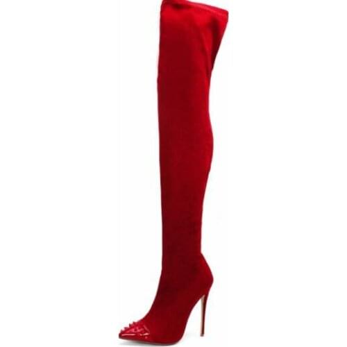 Carpaton Fashion Boots for Woman Pointed Toe Rivets Studded Over the Knee Shoes Sexy Thin Heels Thigh High Boots Socks Boots