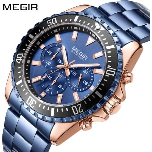 MEGIR Men Watch Brand Luxury Rose Blue Luminous Hands Quartz Wristwatch Stainless Steel Waterproof Male Clock Relogio Masculino