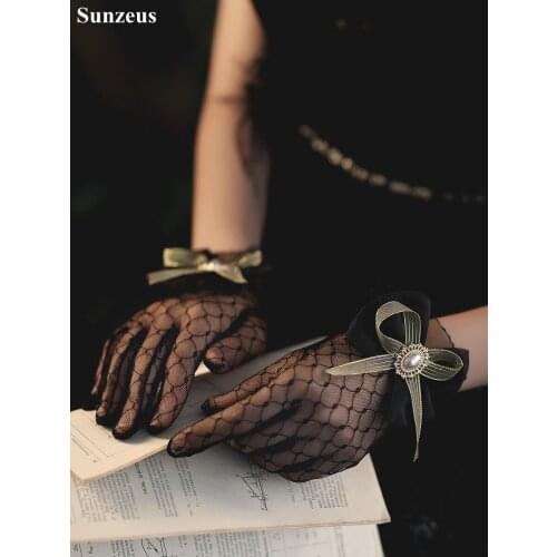 Black Tulle Gloves Formal Evening Party Accessories Short Waist Length Gloves with Beaded Bridal Gloves Wedding Accessories