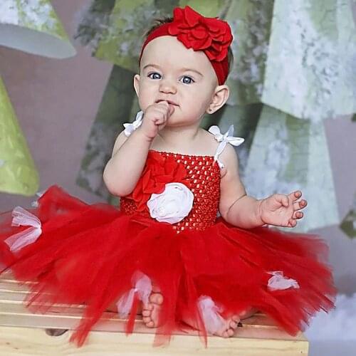 Red Flowers Baby Dresses with Headband for Girls Photography Props Kids Clothes for Baby Photo Shoot Girls Tutu Dress Birthday