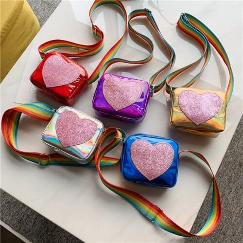 Girls Heart Handbag Kids Bag Messenger Shoulder Bag Laser Rainbow Strap Crossbody Flat Bag For Children