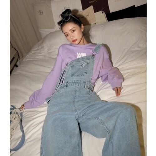 High Waist Womens Suspender Jeans 2021 Spring Casual Streetwear Baggy Braces Pants Vintage Light Colour Denim Braces Trouser