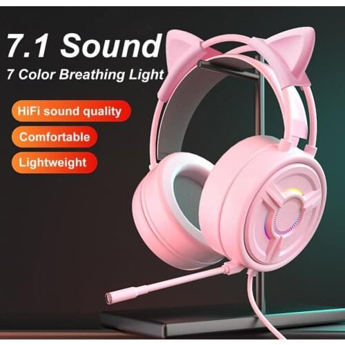 RGB Gaming 7.1 Stereo Headphones Pink Headset Removable Cat Ear Wired USB With Mic noise reduction For PS4/Xbox one cute Girl