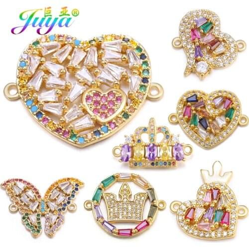 Juya DIY Bracelets Making Accessories Cubic Zirconia Heart Crown Butterfly Charm Connectors For Women Fashion Jewelry Making