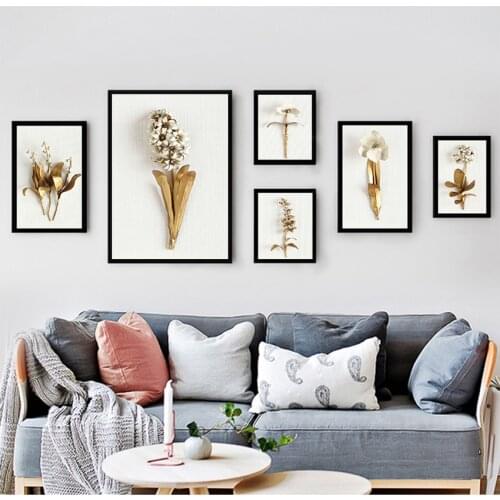 For Living Room Nordic Decoration Pictures morden decor Golden plant leaves and flowers Wall art canvas painting Wall Pictures