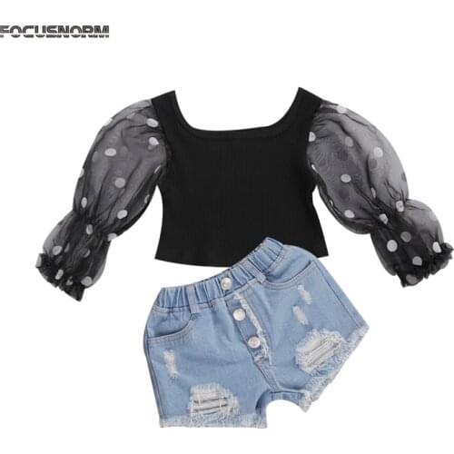 FOCUSNORM Fashion Baby Girls Clothes Sets Polka Puff Sleeve T Shirts Tops Blue Denim Shorts Trousers 2pcs