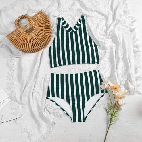 2021 New Womens Green Striped Bikini Fashion Sexy Lady Split High Waist Swimsuit SW368