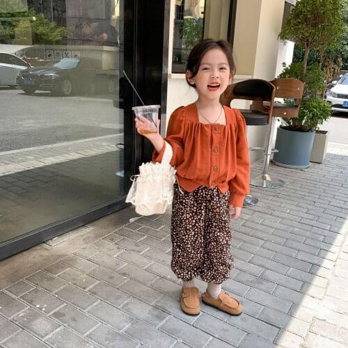 2021 Autumn New Childrens Clothing Girls' Korean-Style Square Collar Cardigan Floral Pants 2-Piece Set