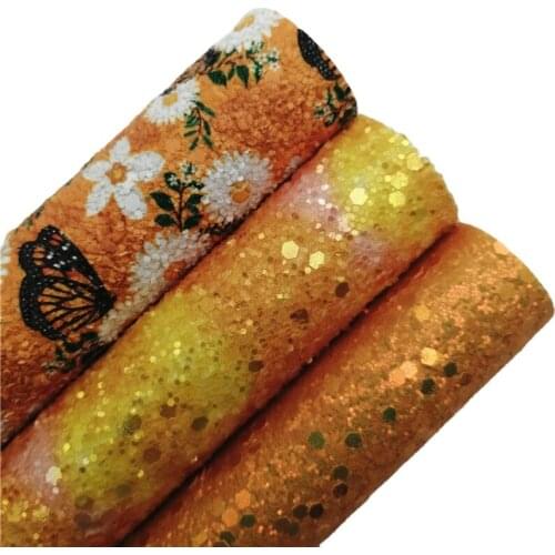 Orange Flowers Butterflies Printed Chunky Glitter Leather Sheets with Felt Backing Glitter For BOWS DIY 21X29CM G538