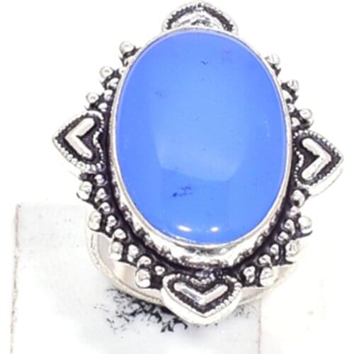 Genuine Blue Chalcedony Ring Silver Overlay over Copper, Hand Made Women Jewelry gift , USA Size :7.25