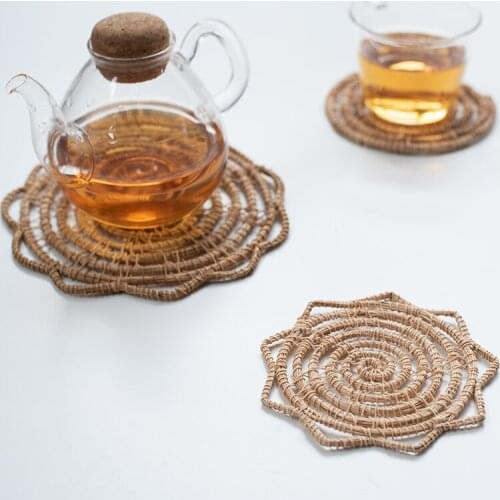Handmade Rattan Drink Coasters Cup Holder Pot Placemat Floral Star Shape Pads Heat Insulation Round Cups Support Home Decor
