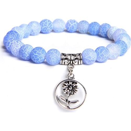 Silver Plated Flower Connect Many Colors Weathered Agates Round Beads Elastic Bracelet Ethnic Style Jewelry