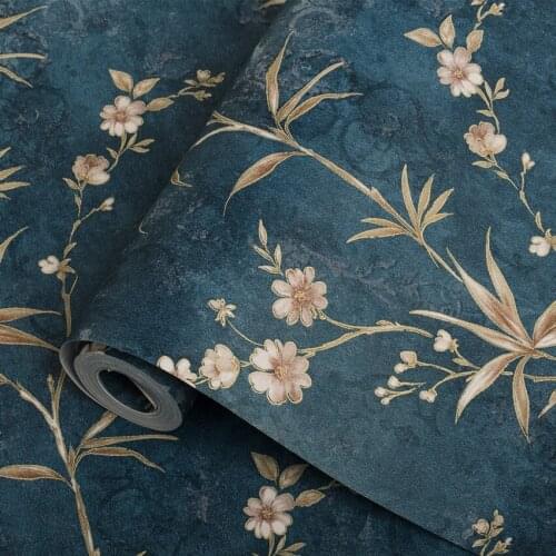 Retro Peacock Blue Flowers Leaves 3D Embossed Non-woven Wallpaper Rolls for Bedroom Living Room TV Sofa Backdrop Wall Decoration