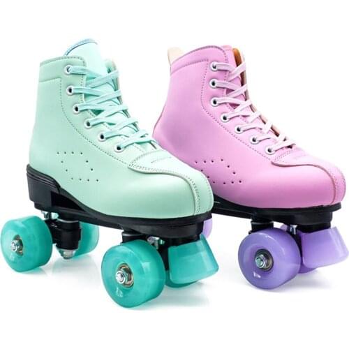 Japy Artificial Leather Quad Roller Skates Green Pink Double Line Skates Men Women Adult Skating Shoes Patines With 4 PU Wheels