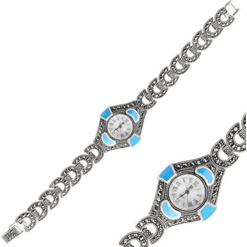Silverlina Silver Marcasite Stone & Cabochons Wristwatch Clock