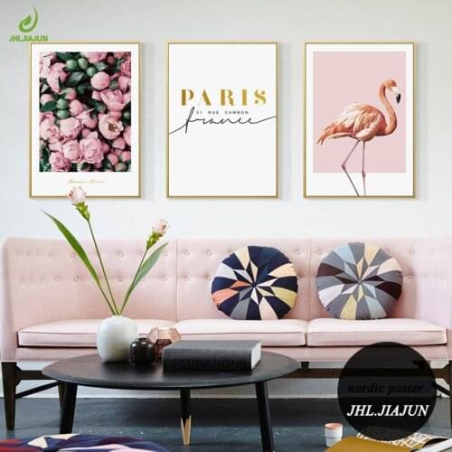 JHLJIAJUN Nordic Art Watercolor Flamingo Paris Canvas Poster Painting Bird Animal Wall Picture Print Home Room Decoration